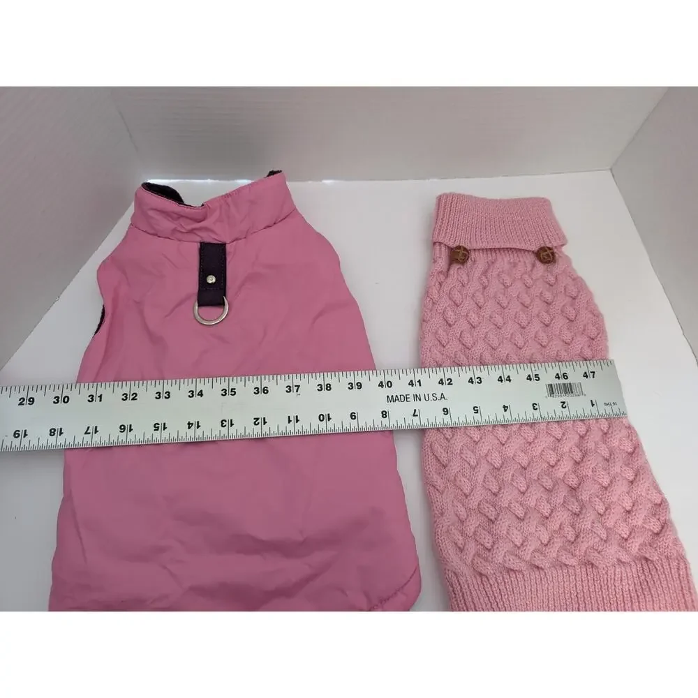 Lot Pink Small Dog Coat Set Quilted Rain Jacket with D Ring and Cable Knit